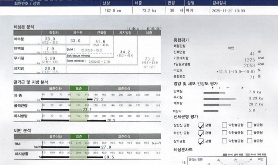 인바디 결과지 - 복약 전, 2025년 11월 29일, 체중 73.2kg, 체지방량 28.9kg